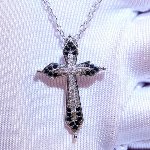 Huitan Double Layer Cross Charm Necklace Cool Versatile Black & White CZ Stone Design Party Decorative Fashion Women Necklace