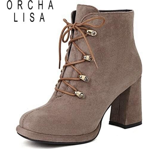 ORCHALISA 2021 Autumn Winter Classic Suede Square Block Heel Ankle Boots Platform Round Toe Strap Up Small Big Size 33-43 S2481