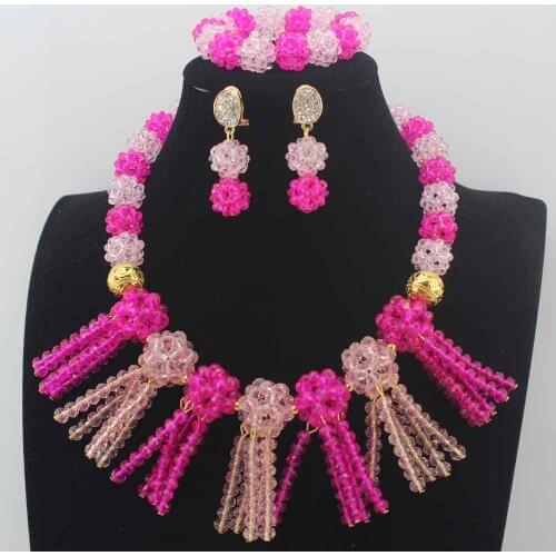 Pink African Beads Jewelry Set Crystal Beaded Necklace Set Nigerian Wedding bridal beads Jewelry Set Crystal Jewelry Set W13964