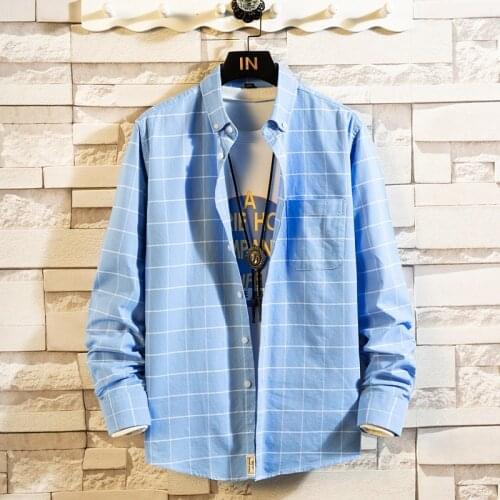 Mens clothing Long sleeve man shirts Cotton clothes Lattice shirt Korean clothing mens fashion Beach Oxford Stripe shirt Top