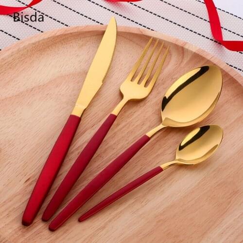 4 pieces Flatware set gold plated and white handle stainless steel dinnerware set hand polish dinner fork knife set restaurant