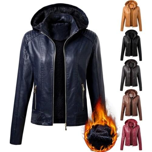 2021 New Arrival Autumn Winter PU Leather Coat Women Fashion Hooded Collar Velvet Keep Warm Short Womens Leather Jacket S-XL