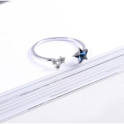 New Exquisite Blue Crystal Pentagonal Flash Drill Sea Pentagonal 925 Sterling Silver Female Resizable Opening Rings SRI200