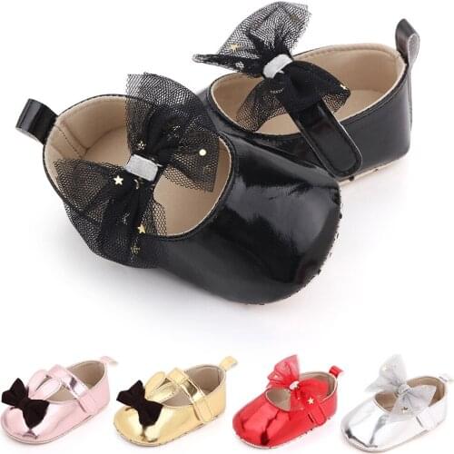 Newborn Baby Girls Shoes PU Leather Buckle First Walkers with Bow Red Black Pink White Soft Soled Non-slip Crib Shoes