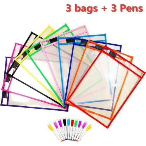 3Lots(3bags+3Pens ) Can Be Reused With PVC Transparent Dry Brush Bag PET Writing Dry Wipe Bag Drawing Toy For Children kids Baby