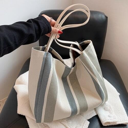 Luxury Designer Cloth Opening High Capacity Tote Handbag for Women 2021 Retro Designer Striped Shopper Shoulder Shopping Bag