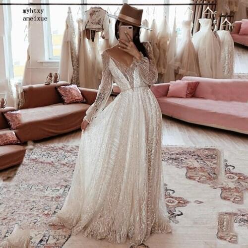 Sexy Long Evening Dresses 2021 V-neck Sweep Train A-line Floor-length Lace Evening Gowns Plus Size Dress Party Robe De Soiree