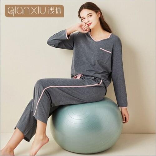 Spring Summer Female Loosen Pajama sets Bamboo Fiber Morandi Sleepwear suit Women Long Sleeve T shirt & Ankle-length Pants