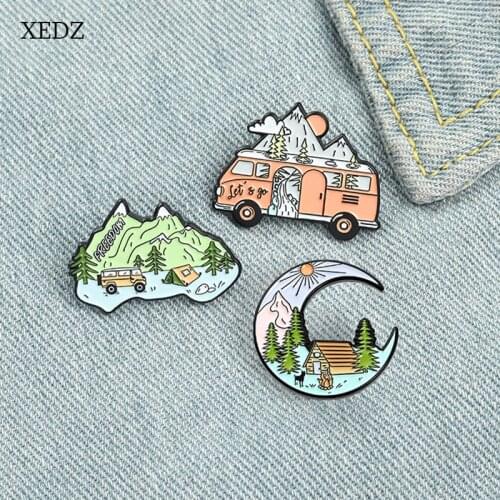 XEDZ Go Camping! Natural Scenery Enamel Brooch Fashion Wild Camping Explorer Badge Car Mountain River Moon Forest Pin Jewelry