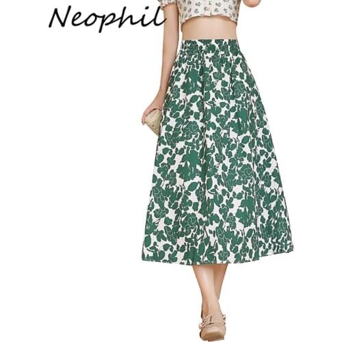 Neophil Vintage Summer Cotton Floral Print A-Line Skirts For Women Clothes Jupe Casual Fancy Pockets Umbrella Midi Skirt S21527