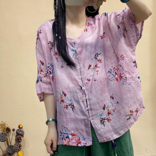 QPFJQD Ladies Autumn Chinese Style O Neck Loose Ramie Printed Flower Blouse Women 2021 Ramie Button Tops And Shirts Summer