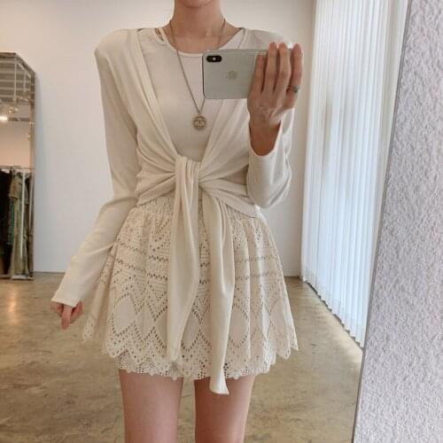 Korean Fashion Chic Vintage 3pcs Sets Women Lace-up Knit Cardigan Sweater Vest Tops Lace Skirts Sets Elegant Three Piece Suits