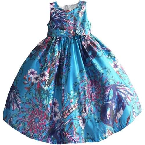 4-9T Floral Girls Dress Sunshine Beach kids dresses for girls Sleeveless Printing Pattern Girls Summer Dress Vestidos Sky Blue