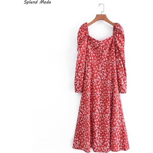 Splend Moda Autumn 2021 Womens French Vintage Square Collar Slim Print Puff Sleeve Folds Side Slit Fashion Dress Zipper Vestido