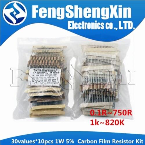30values*10pcs=300pcs 1W Resistor 5% ( 0.1R ohm ~750R ohm) (1k~820K) Carbon Film Resistor Assortment Kit