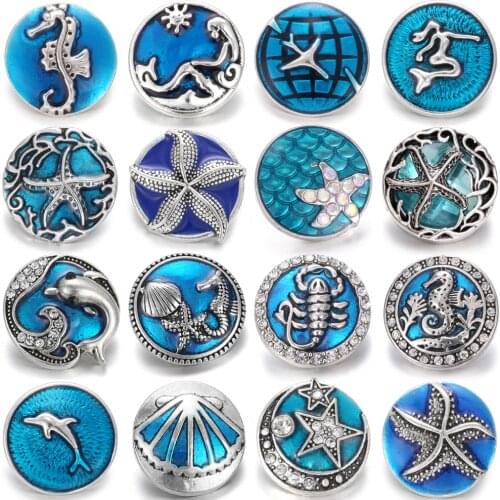 5pcs/lot Snap Jewelry 18mm Snap Buttons Blue Rhinestone Starfish Dolphin Mermaid Button Charms Fit Snap Bracelet Buttons Jewelry