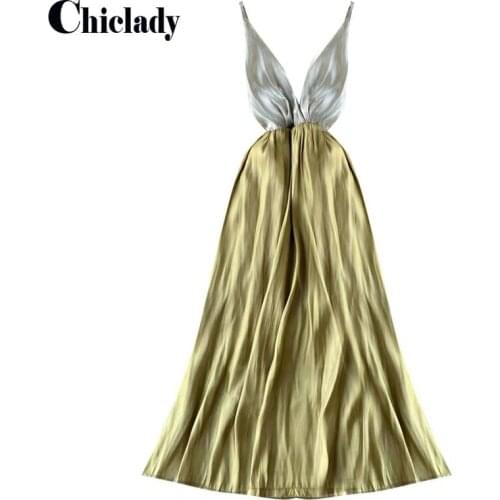 CHICLADY patchwork satin sexy deep v-neck spaghetti strap midi dress for women summer holiday beach party club dresses robeхуди
