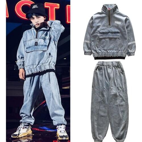 ChildrenS Hip-Hop Dance Clothes Denim Long-Sleeved Jazz Performance Clothing Suit Boys Fall/Winter Catwalk Stage Wear SL4575