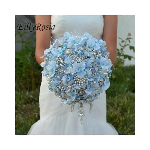 EillyRosia Blue Bridal Bouquet Brooch Jewelry Pearls Crystals Petals Lavender Purple Wedding Bouquet Luxury Bride Accessory