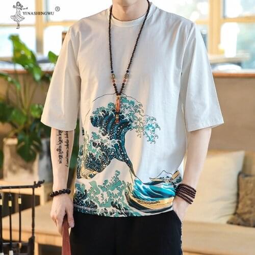 Sea Wave Print Oversized Men High Quality T-Shirt O-neck Summer Japanese Chinese Style Male T-Shirts Fashion Loose Short Sleeve