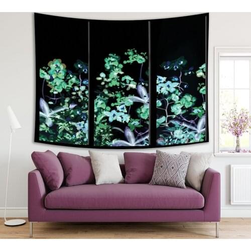 Tapestry Exotic Flowers Orchids Classic Floral Watercolor Painting Style Artwork on Dark Background Green Gray Black