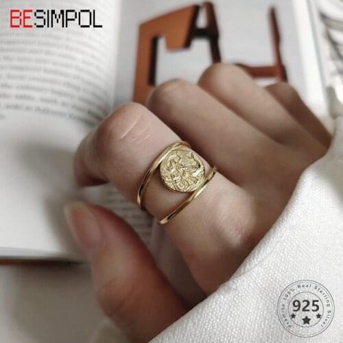 Besimpol Real 925 Sterling Silver Mermaid Rings Vintage Korean Version Gold Round Rings For Women Party Fine Jewelry Charm Gift