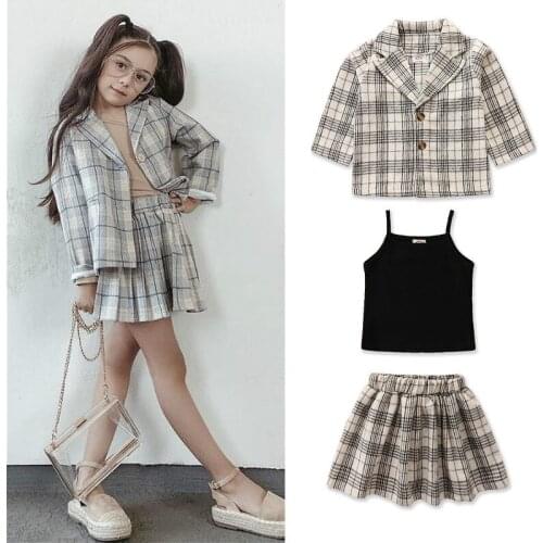 3pcs Kids Girls Clothes Set 2021 Autumn Children Long Sleeve Lapel Blazer Coat + Tank Tops + Pleated Skirt Outfit Suit 2-7Y