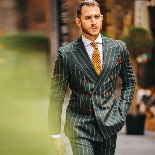 Handsome Green Rope Stripe Mens Tuxedos Doube Breasted Peaked Lapel Business Prom Suit Sets