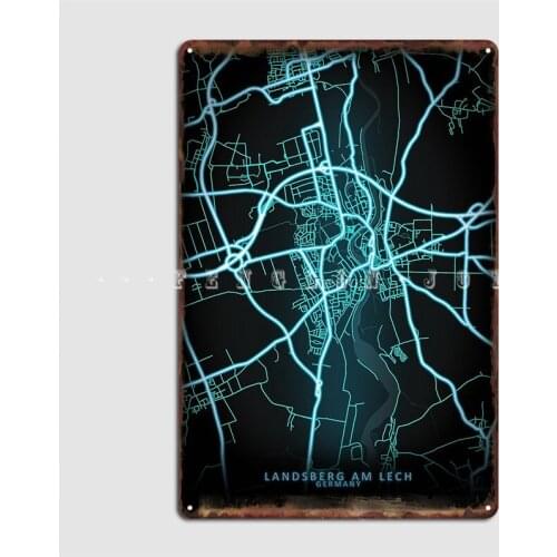 Landsberg Am Lech Germany Blue White Neon Glow City Map Metal Plaque Poster Wall Cave Mural Painting Tin Sign Posters