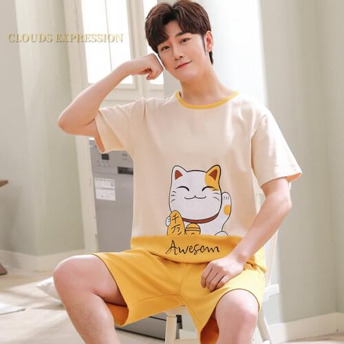 Summer Knitted Cotton Short Sleeved Mens Pajamas Sets Male Pajama Set Letter Pajama For Men Sleepwear Suit Homewear Size xXXXL