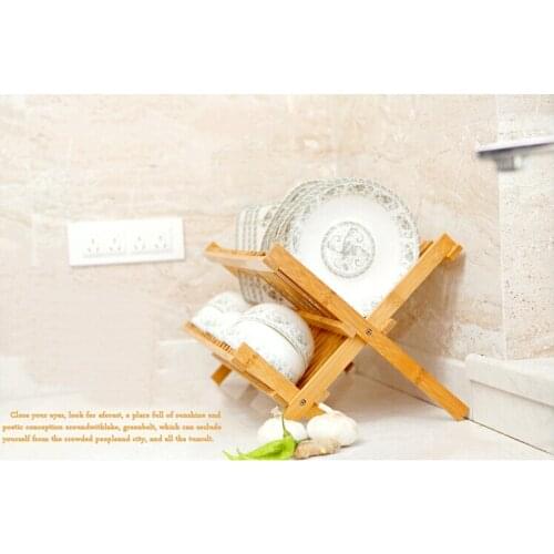 LSJ Bamboo Folding Dishes Rack Double Layers Dishes Drainer for Kitchen Dishes Kitchen tools Accessories