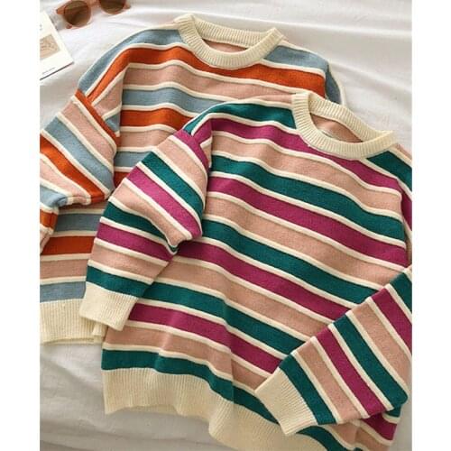 Chic Rainbow Color Winter Fashion Women Oversize Pullovers 2021 Long Sleeve O-Neck Striped Knitwearr Warm Knitted Sweater