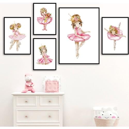 Cartoon Dancing Girl Crown Rose Flower Wall Art Canvas Painting Nordic Posters And Prints Nursery Wall Pictures Kids Room Decor