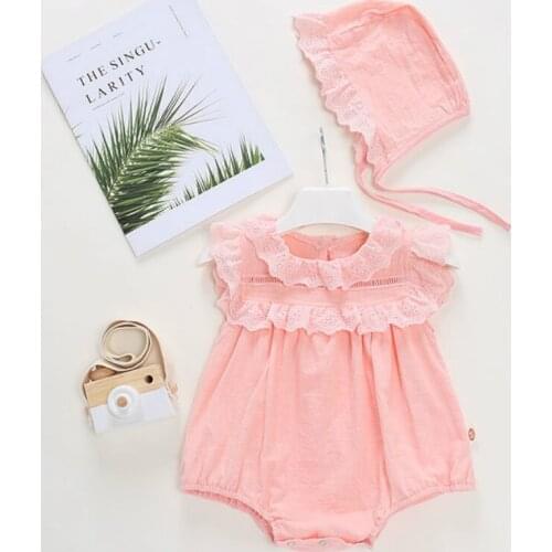 2020 NEW Baby Girls Clothes Summer Sunsuit Lace Solid Cotton Princess Rompers+Hat Brief Set Infant Outfit Girls Jumpsuit Clothes