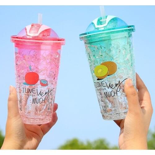 New Double Gel Ice Cups Ins Net Red Girl Water Cup Plastic Cup Creative Small Fresh Straw Cup Water Bottle