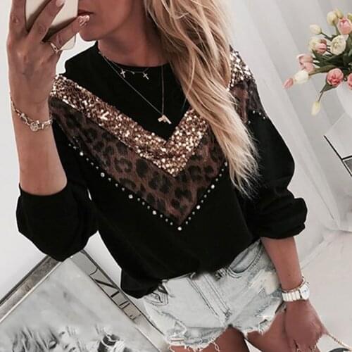 Autumn New Sweater Women Long Sleeve Chic Leopard Print Patchwork T Shirt Spring Top Tees Femme Ladies Shirts Clothes Plus Size