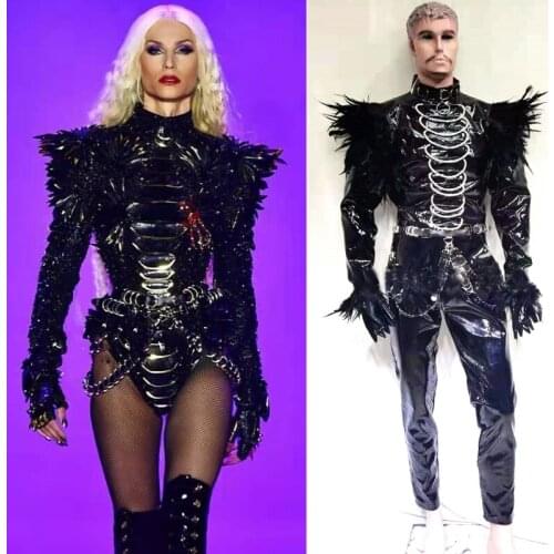 Sexy Black Patent Leather Feather Knight Jumpsuit Gogo Costumes For Women Men DJ DS Party Stage Performance Pole Costumes XS2261