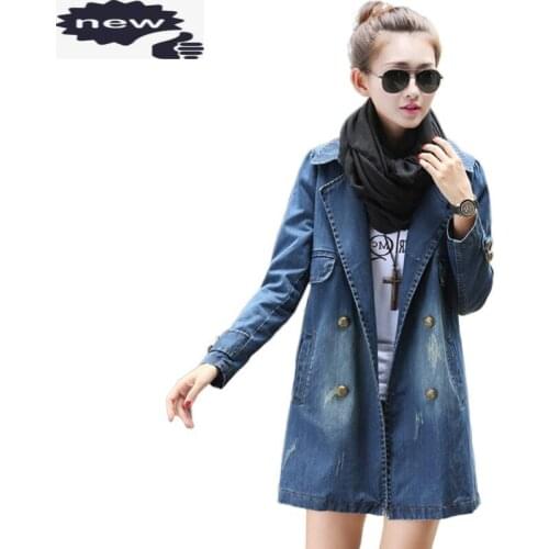 Plus Size Autumn Full Sleeve Womens Windbreaker Casaco Feminino Denim Trench Coat Female Double Breasted Fashion Costumes Blue
