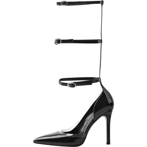 Richealnana Summer Pointed Toe Black Thin High Heel Patent Leather Sandals Buckle Leg Pump Brim with Transparent PVC Sexy Unique