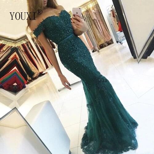 Sexy Off Shoulder Long Evening Dress Mermaid 2019 Teal Tulle Lace Appliqued Beaded Formal Robe De Soiree longue