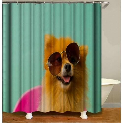 Animal Shower Curtain Dog with Glasses Green Bath Accessories with 12 Hooks Waterproof Polyester Fabric Bathroom Decor