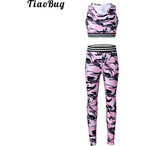 TiaoBug Summer Kids Girls Camouflage Floral Printed Tracksuit Outfit Sleeveless Tanks Bra Tops Crop Top With Leggings Pants Sets