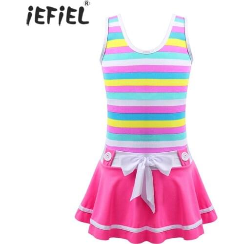 Kids Girls Party Swimwear Children One-piece Wide Shoulder Straps Striped Pattern Bowknot Swimsuit Beach wear Bathing Suit