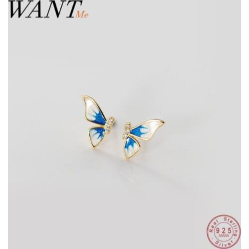 WANTME Real 925 Sterling Silver Romantic Cute Blue Butterfly Stud Earrings for Women Fashion Korean Simply Party Wings Jewelry