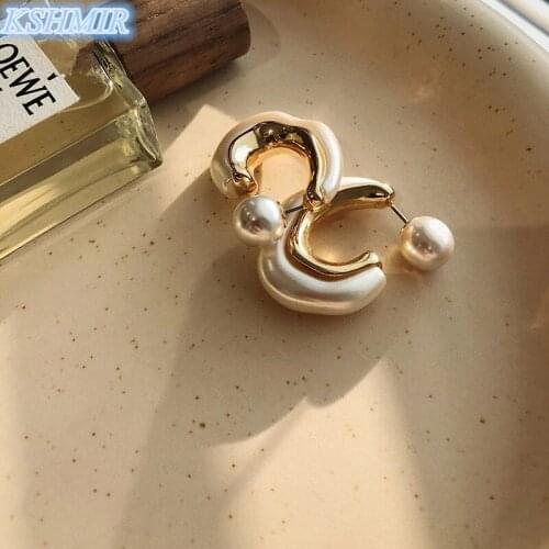 Design Feeling Irregular Pearl Hoop Earrings For Woman 2021 New Korean Fashion Jewelry Unusual Accessories For Gothic Party Girl