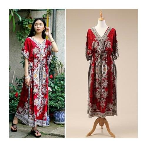 Vestidos Dark Blue/Green/Purple/Red Female Summer Boho Long Dress Casual Loose Printing Kaftan Ethnic Rayon Maxi Dresses K03