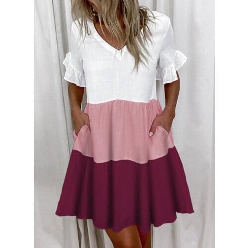 2021 Summer Sexy V Neck Womens Mini Dress Fashion Casual Loose Lotus Sleeve Pocket Color Matching Ladies Plus Size Dress Basic