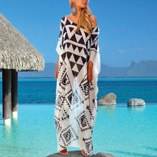 Sexy See Through Geometric Print Coverups New Batwing Sleeve Robe Dress For Women Beachwear Plus Size Swimsuit Cover Up 2019