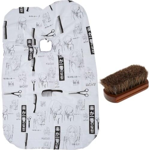 1 Pcs Haircut Barber Gown Hairdressing Apron Black+White & 1 Pcs Wood Handle Natural Horse Hair Mustache Beard Brush