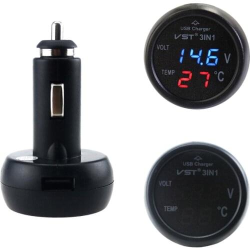 3 in 1 12/24V Car Auto LED Digital Voltmeter Gauge Thermometer USB Charger Monitor Display Charging For Phone Tablet GPS